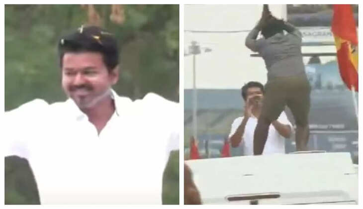 ரோடு ஷோ வாகனத்தில் ஏறி நடிகர் விஜய்யை தெறிக்க விட்ட ரசிகர்