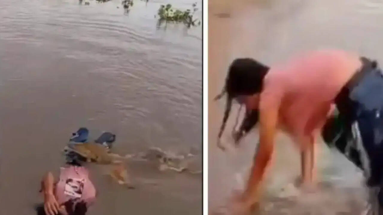 ஆற்றில் குளித்த இளம் பெண் மீது ஏறிய முதலை ... அதிர்ச்சி வீடியோ !