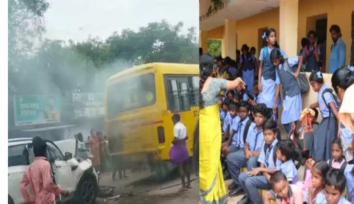 தீப்பிடித்த பள்ளி வாகனம்