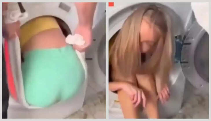 வைரலாகும் அதிர்ச்சி வீடியோ...  ரீல்ஸ் மோகத்தால் பரிதாபம்...  வாஷிங் மெஷினுக்குள் சிக்கி கொண்ட இளம் பெண்!  