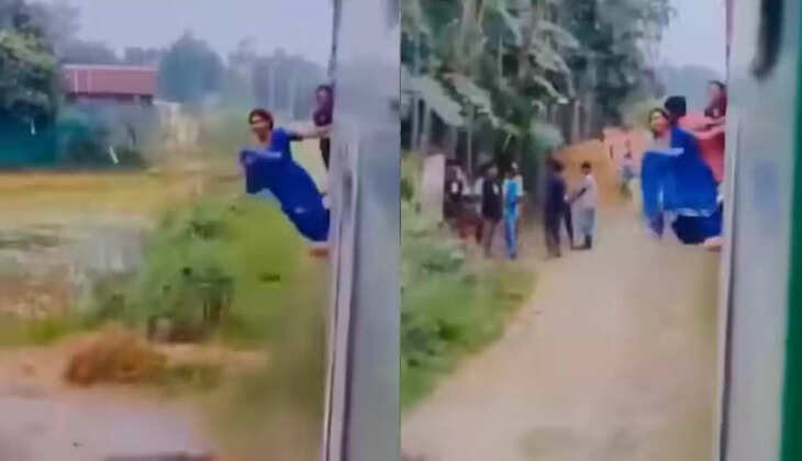 பகீர் வீடியோ... ஓடும் ரயிலில் படிக்கட்டில் தொங்கிக் கொண்டே  ரீல்ஸ் எடுத்த பெண்….  !