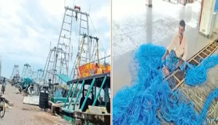  மீனவர்கள் கூடாரங்களில் வேலை ஜரூர் ... ஜூன் 15ம் தேதி வரை படகு பராமரிப்பு, மீன்பிடி வலை பின்னும் பணி  !