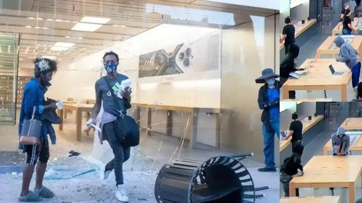  வைரலாகும் அதிர்ச்சி வீடியோ... ஆப்பிள் ஷோரூமுக்குள்  நுழைந்து செல்போன், லேப்டாப்பை அள்ளி சென்ற அமெரிக்கர்கள்.. !  