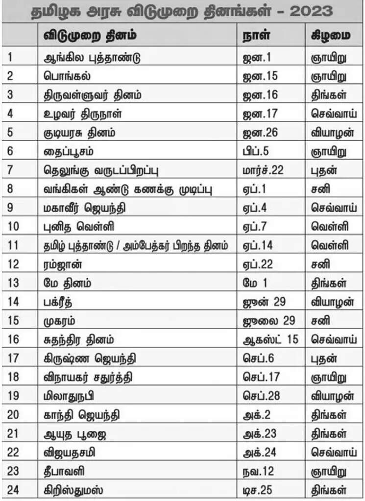 2023 பொதுவிடுமுறை