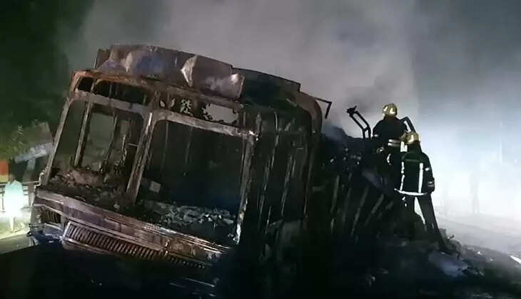 தீப்பிடித்து எரிந்த லாரி