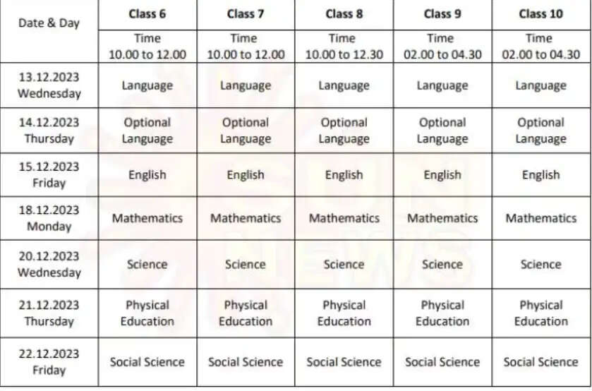 அரையாண்டு தேர்வு அட்டவணை