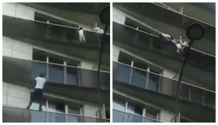 திக் திக் வீடியோ... 4வது மாடியில் அந்தரத்தில் தொங்கிய குழந்தை...! 