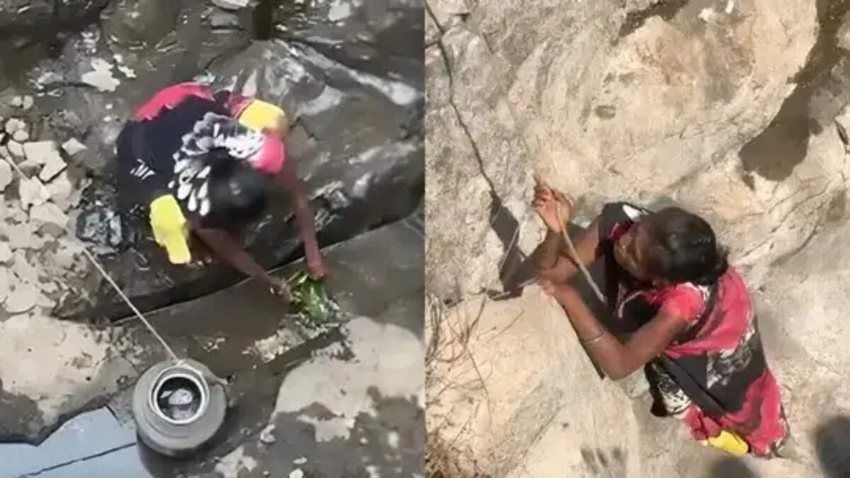 70 அடி ஆழக் கிணற்றில் இறங்கி நீரை பிடிக்கும் மக்கள்