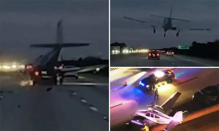 நெடுஞ்சாலையில் அவசர அவசரமாக தரையிறக்கம்… காரை மோதிய விமானம்!