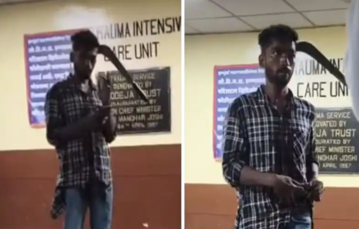 தலையில் அரிவாளுடன் மருத்துவமனைக்கு வந்த நபர் ... பகீர் வீடியோ!