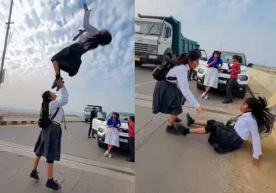 ஜஸ்ட் மிஸ்.. நடுரோட்டில் பேக் ஃபிலிப் அடிக்க முயன்ற மாணவி... அதிர்ச்சி வீடியோ!