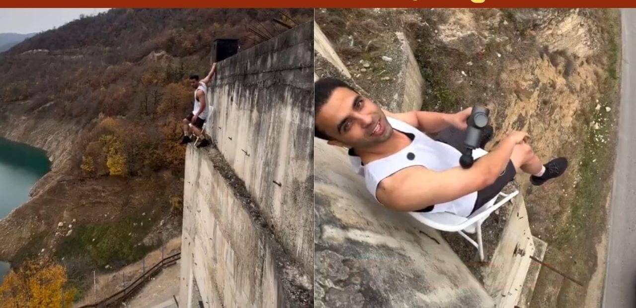 பாலத்தின் விளிம்பில் சேர் போட்டு மசாஜ்! திகிலூட்டும் வீடியோ வைரல்!