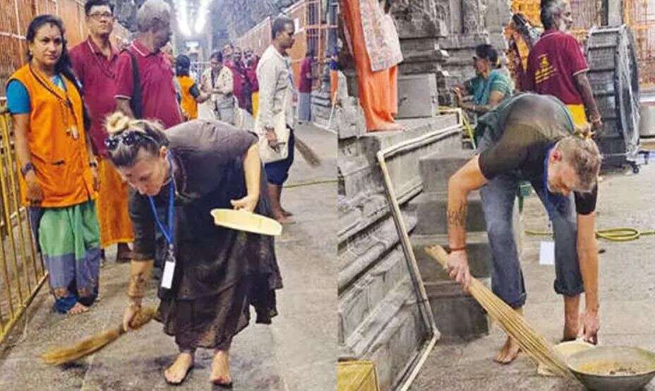 திருவண்ணாமலை கோவிலில் உழவாரப்பணியில் ஈடுபட்ட வெளிநாட்டினர்... பக்தர்கள் பாராட்டு!