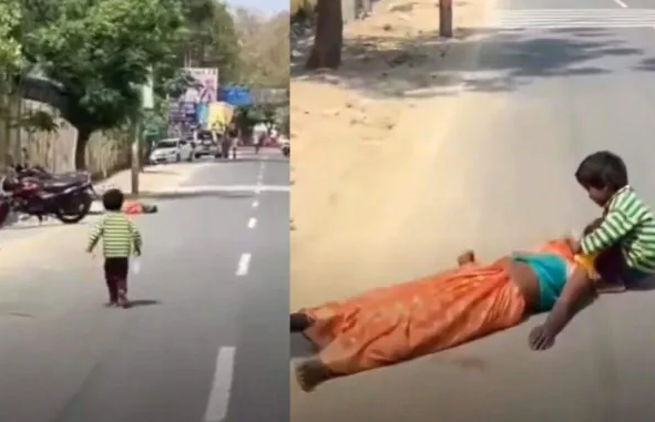 நடுரோட்டில் மயங்கி விழுந்த தாயை காப்பாற்ற போராடிய சிறுவன்... நெகிழ்ச்சி வீடியோ!