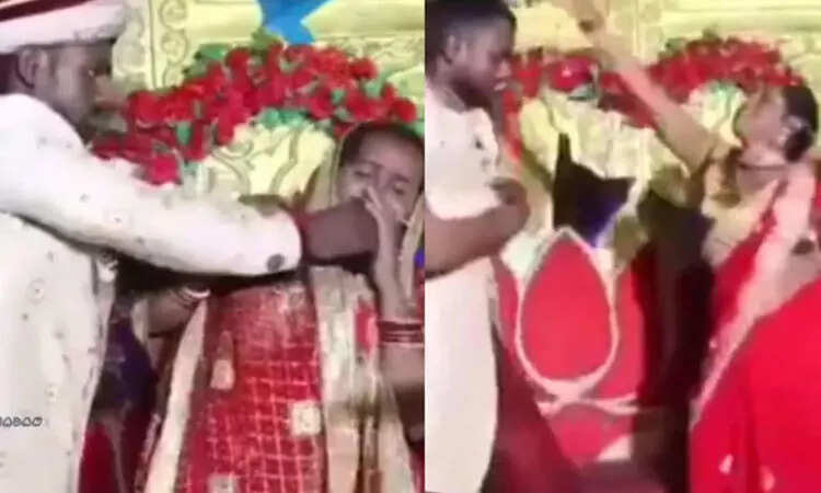 வைரல் வீடியோ!!மணமேடையிலேயே மணமகனை அடித்து நொறுக்கிய மணமகள்!!