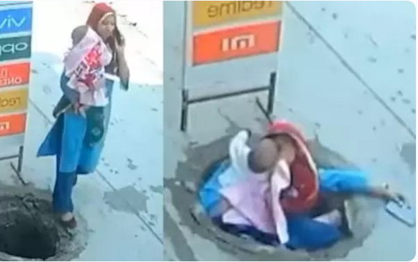 நெஞ்சை பதற வைக்கும் வீடியோ... கைக்குழந்தையுடன் பாதாளக் குழியில் விழுந்த தாய்!