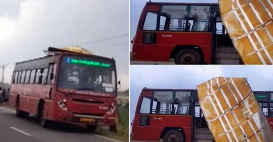 சென்னையில் வீசிய பெருங்காற்று... காற்றில் பறந்த அரசு பேருந்தின் மேற்கூரை.. அலறிய பயணிகள்!