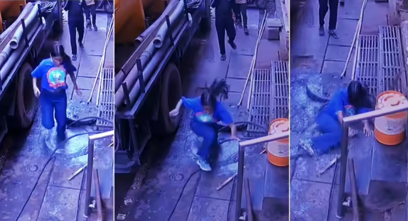 சாலையில் திறந்த சாக்கடை… கண் இமைக்கும் நேரத்தில் உள்ளே விழுந்த இளம்பெண்!