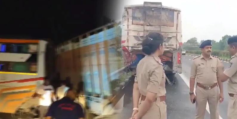 நின்று கொண்டிருந்த பேருந்து மீது டிரக் மோதி 6 பேர் பலி... டயர் வெடித்ததால் விபரீதம்!