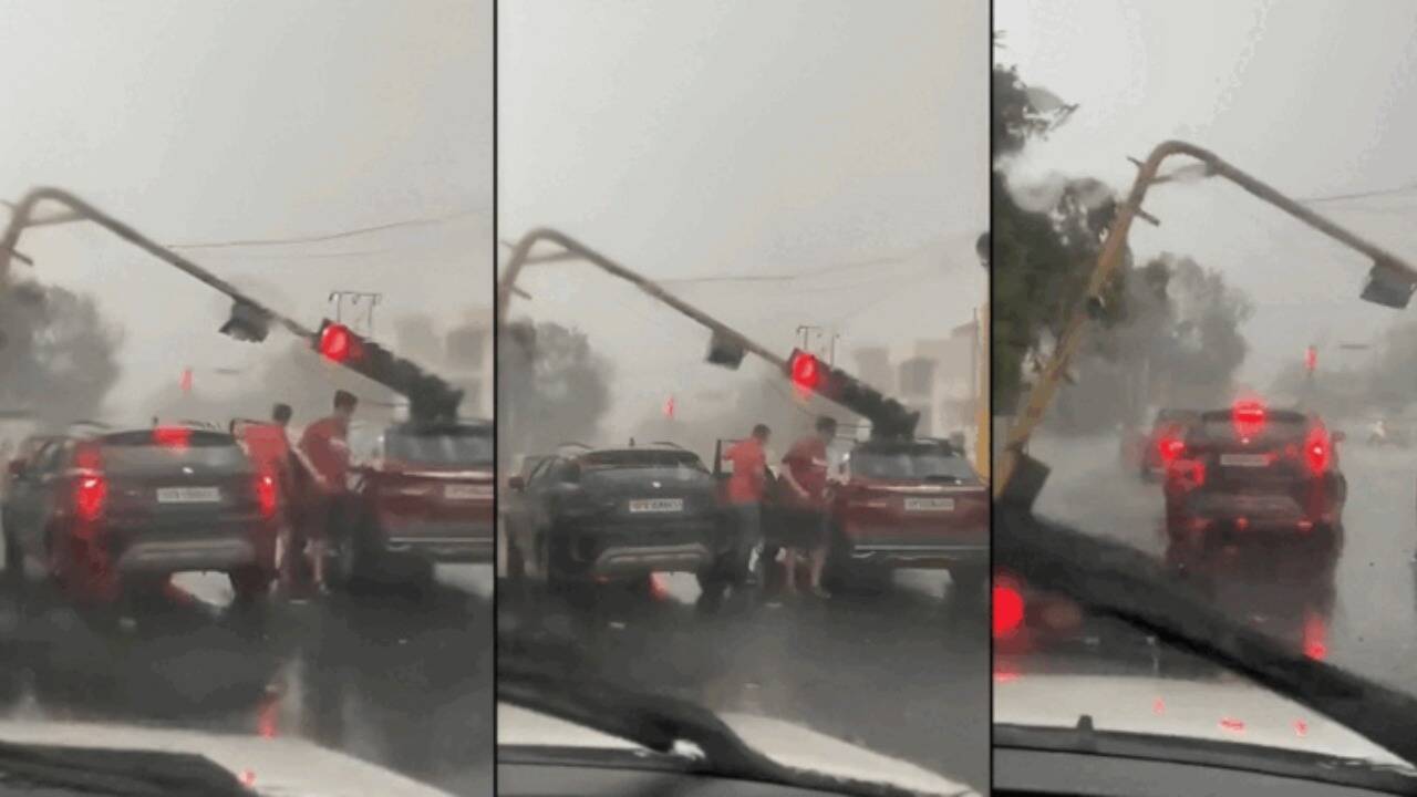 பகீர் சிசிடிவி காட்சிகள்... சுற்றி சுழன்ற சூறாவளி... சாலையில் சென்ற கார் மீது விழுந்த விளக்கு கம்பம்!