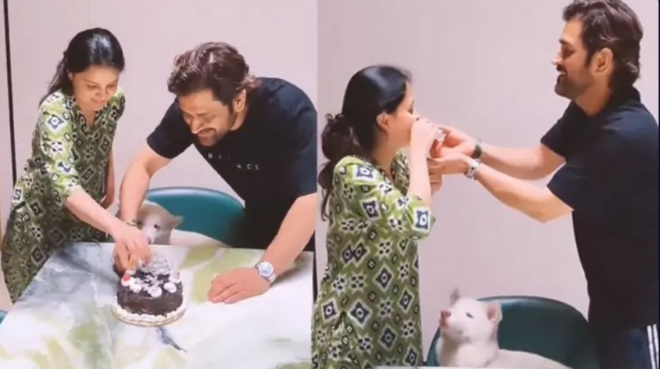 மாஸ் வீடியோ... தோனி மனைவியுடன் கேக் வெட்டி திருமண நாள் கொண்டாட்டம்.!