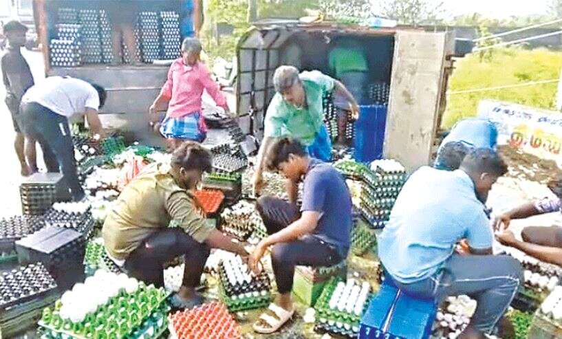 சரக்கு வாகனம் கவிழ்ந்து 1 லட்சம் முட்டைகள் சேதம் - அதிர்ஷ்டவசமாக உயிர்தப்பிய ஓட்டுநர்!