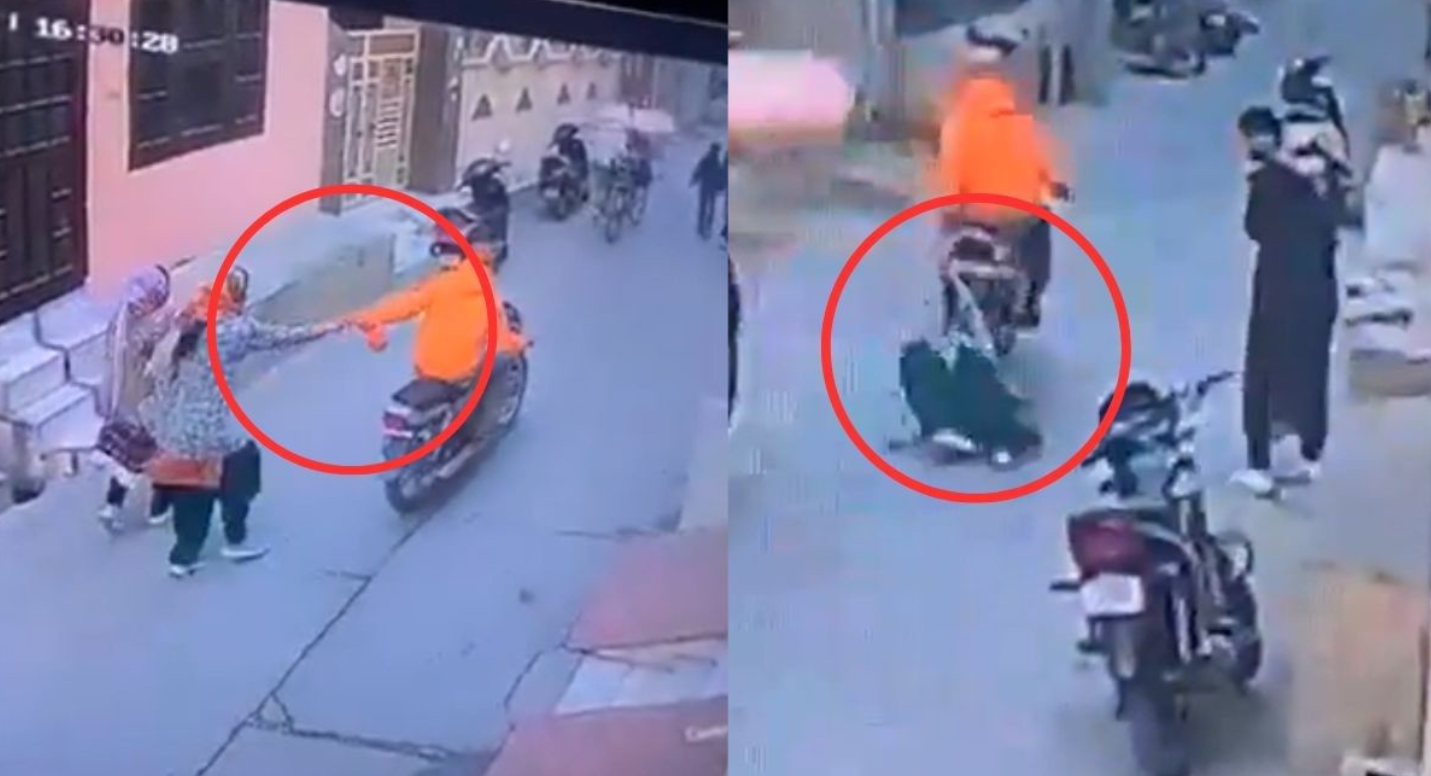 பகீர் வீடியோ... பட்டப்பகலில் மோட்டார் சைக்கிளில் இளம்பெண்ணை தரதரவென இழுத்து செல்லும் நபர்!