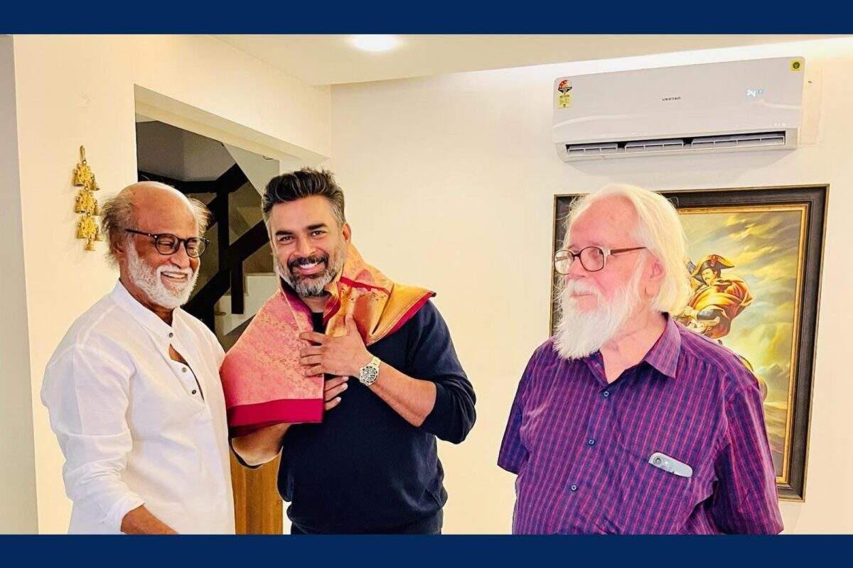 வைரல் வீடியோ!! சூப்பர் ஸ்டாருடன் நடிகர் மாதவன், நம்பி நாராயணன்!!