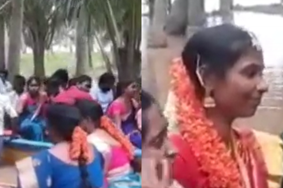காட்டாற்று வெள்ளம்! பரிசலில் திருமணத்திற்கு கிளம்பிய மணப்பெண்! வைரலாகும் வீடியோ!