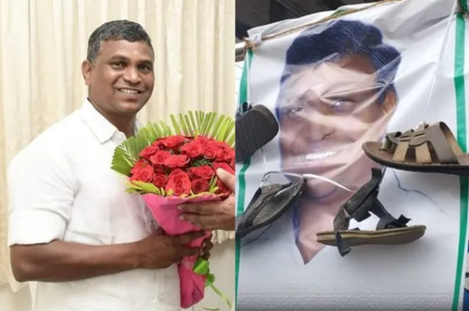அதிமுக முன்னாள் எம்.எல்.ஏ படத்திற்குச் செருப்பு மாலை அணிவித்து எதிர்ப்பு!