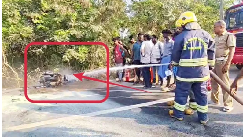 கார் மோதி இருசக்கர வாகனம் தீப்பற்றி எரிந்து கர்ப்பிணி உயிரிழப்பு!