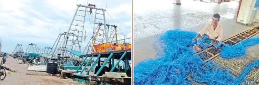 மீனவர்கள் கூடாரங்களில் வேலை ஜரூர் ... ஜூன் 15ம் தேதி வரை படகு பராமரிப்பு, மீன்பிடி வலை பின்னும் பணி !