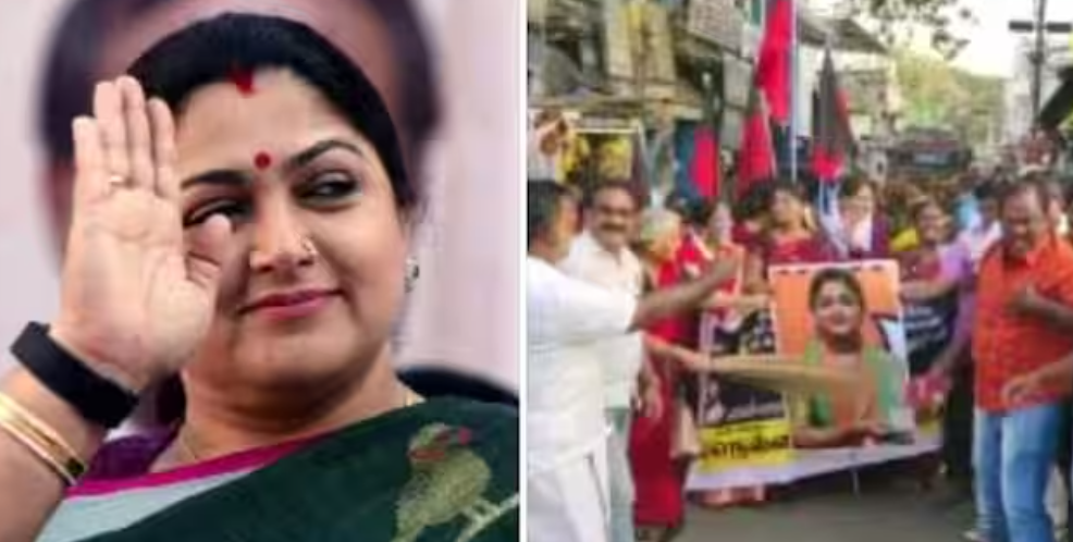 வைரல் வீடியோ.... குஷ்பூ உருவப்படம் செருப்பால் அடித்து , தீ வைத்து எரிப்பு... வலுக்கும் கண்டன ஆர்ப்பாட்டங்கள்!