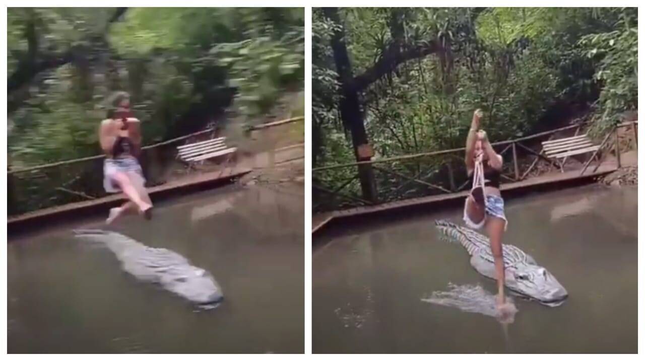 பகீர் வீடியோ... முதலையின் வாய்க்குள் காலை விட முயற்சிக்கும் இளம்பெண்!