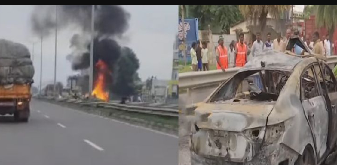 செண்டர் மீடியனில் மோதி கார் தீப்பிடித்து 3 பேர் பலி!