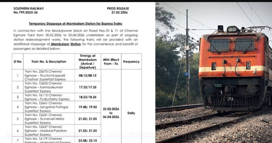 ஏப்ரல் 5 ம் தேதி வரை 8 விரைவு ரயில்கள் மாம்பலம் நிலையத்தில் நின்று செல்லும்!