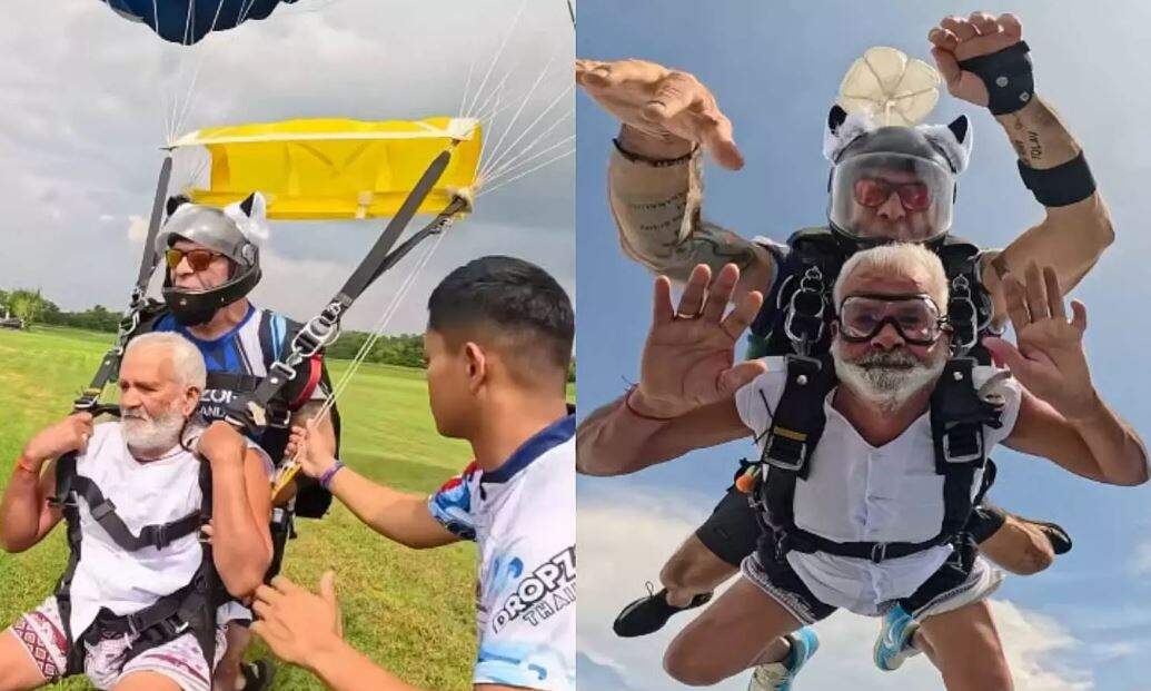80 வயதில் 15,000 அடி உயரத்தில் இருந்து ஸ்கை டைவிங் செய்த முதியவர்... வைரலாகும் வீடியோ!