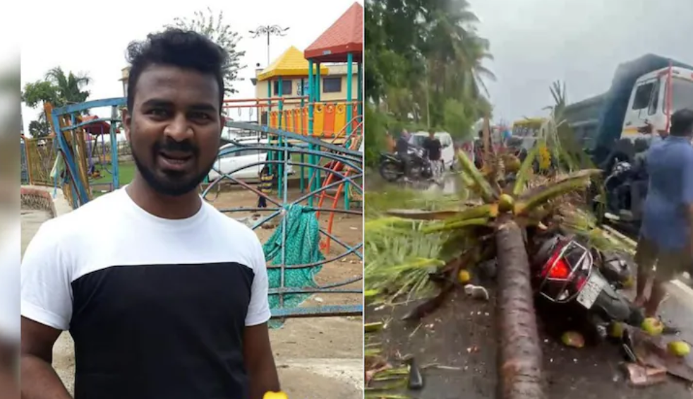 மோட்டார் சைக்கிள் மீது தென்னை மரம் விழுந்து முன்னாள் துணை மேயர் மகன் பலி!