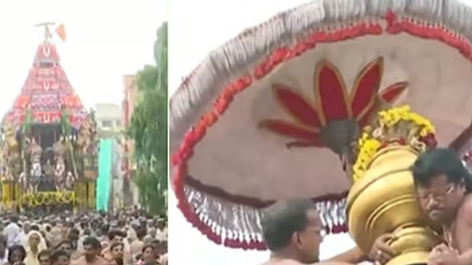 பார்த்தசாரதி கோயில் தேர் மின்சாரக் கம்பி தட்டி குடை சரிந்ததால் பரபரப்பு!