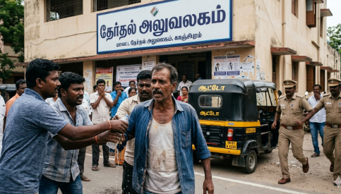 வேட்பு மனு நிராகரிக்கப்பட்டதால் விபரீதம்... தேர்தல் அலுவலகம் முன்பு சுயேச்சை வேட்பாளர் தீக்குளிக்க முயற்சி...!